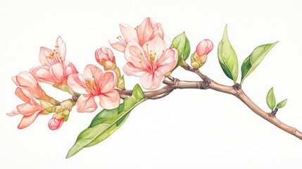 Obraz premium Watercolor and ink illustration of a flowering plant featuring pink blossoms and buds in Sumi e style
