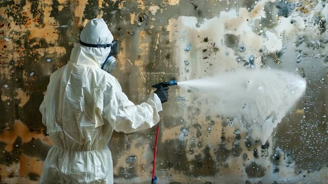 A worker in protective gear sprays mold treatment on a wall covered with mildew and stains, focusing on restoration and cleanliness