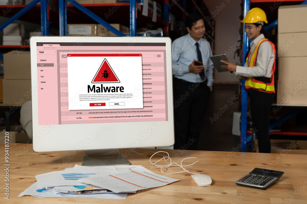 Poster cyber attacking concept. malware alert showing on computer screen display scam and threat detection 