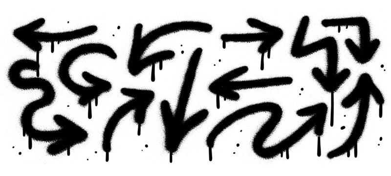 Urban graffiti paint spray emphasis arrows set with splatter and dripping ink drops. Rough tag lines with splash spray. Vector illustration of up and down cursor symbols pointing, dirty grunge icon
