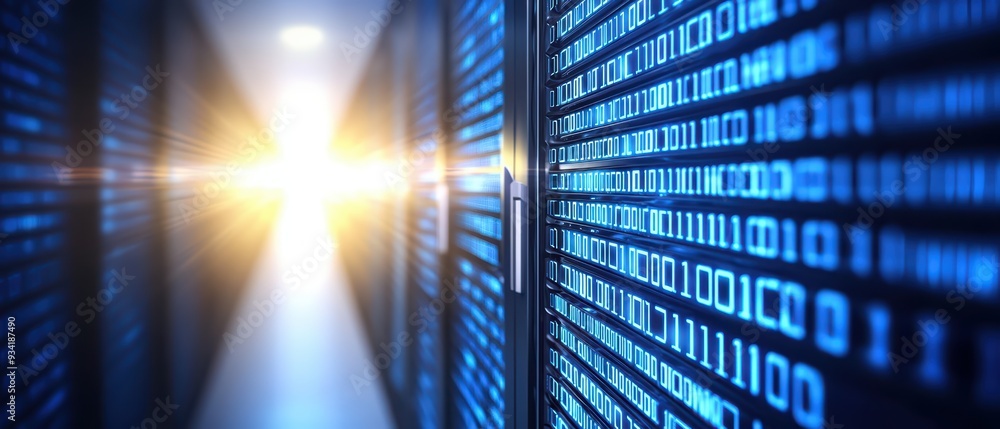 Poster illuminated server corridor with binary code, showcasing the future of data storage and technology a