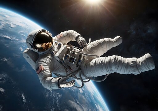 Astronaut flying in a supine position in space. 5K realistic science fiction art. Elements of image provided.