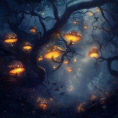 Enchanting and Mystical Halloween Scene in Glowing Enchanted Forest with Twisted Branches and
