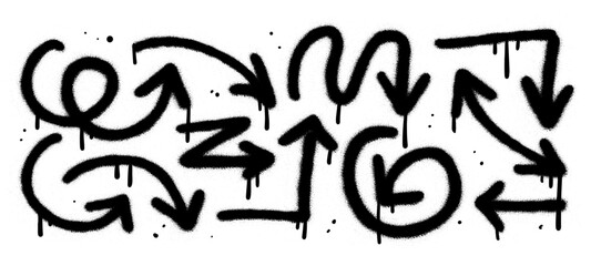 Set of Spray painted urban graffiti Arrows in black over white isolated on white background. Spray paint textured vector illustration © LanaSham