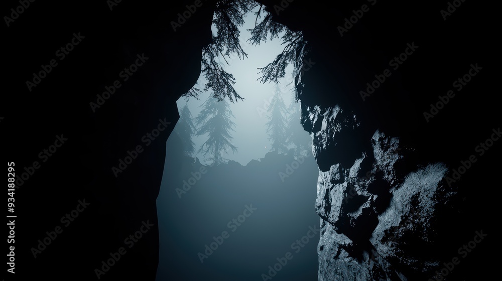 Poster mysterious cave opening surrounded by dark rock and illuminated by atmospheric light filtering throu