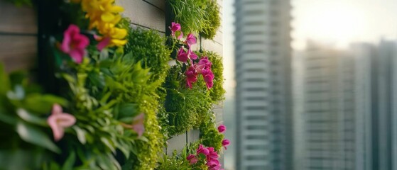 Naklejka premium Vertical Garden on a Modern Balcony at Sunrise. Generative ai