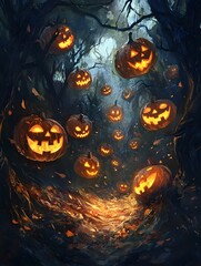 Surreal Dance of Carved Halloween Jack O  Lanterns in Mystical Forest Clearing