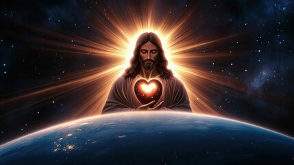 Jesus Holding Glowing Heart Over Earth. Generative ai