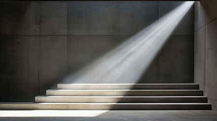Naklejka premium Stairway illuminated by natural light, creating a serene and minimalist atmosphere in a modern architectural space.