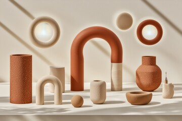 Stylish collection of ceramic objects in earthy tones, perfect for modern interior decor and design inspiration.