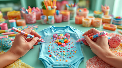A close-up of hands decorating a baby onesie with fabric markers, with a table full of colorful craft supplies in the background, with copy space