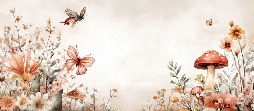 Vintage style watercolor autumn frame featuring a forest theme with flowers butterflies mushrooms and herbs in soft hues Elegant greeting template suitable for weddings or personal designs