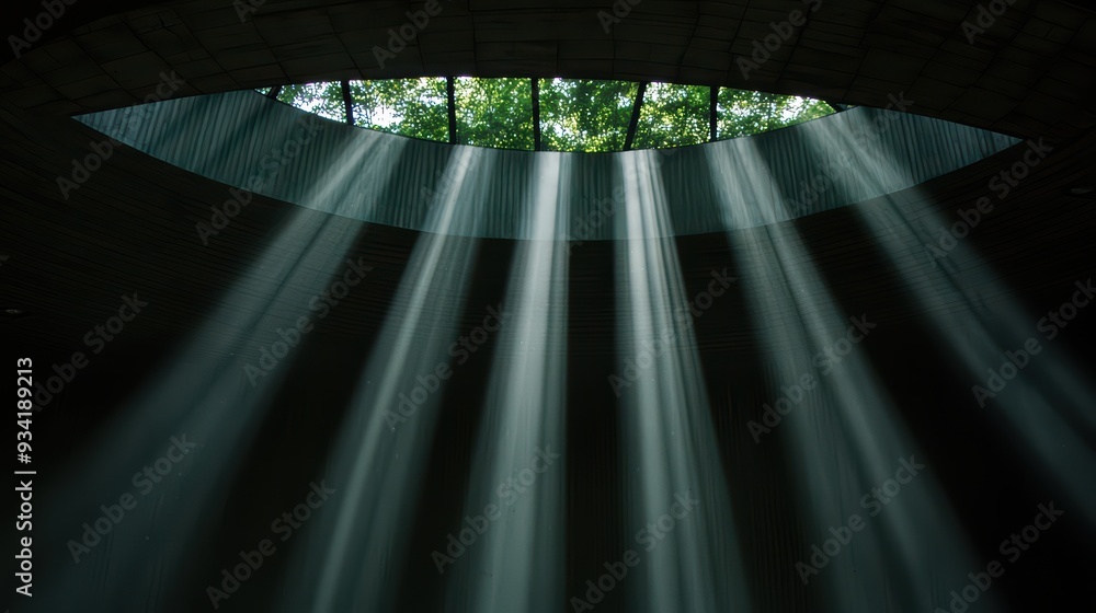Poster sunlight streams through an opening, illuminating a serene space surrounded by nature, creating a tr