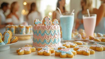 A close-up of a decorated table with baby-themed cookies, a cake, and pastel-colored drinks, with guests mingling in the background, with copy space