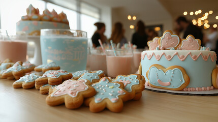 A close-up of a decorated table with baby-themed cookies, a cake, and pastel-colored drinks, with guests mingling in the background, with copy space