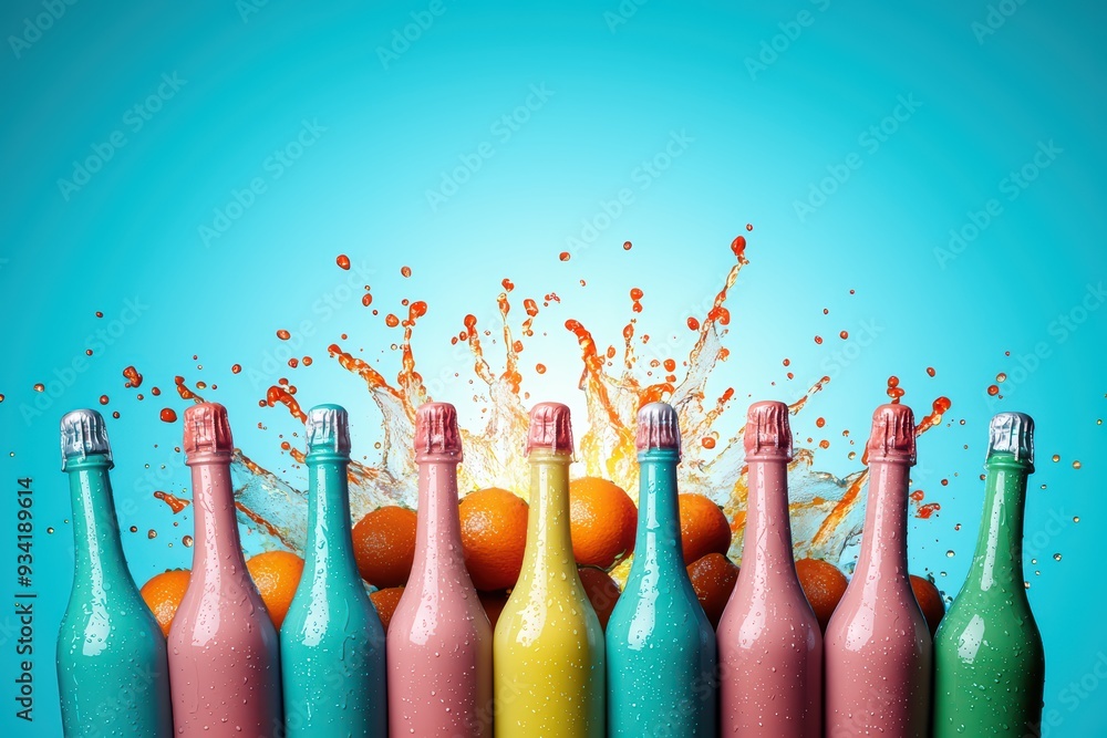 Poster Vibrant bottles with colorful splashes and fresh oranges create a refreshing and lively scene.
