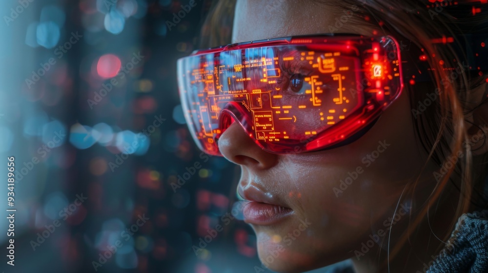 Poster illustrate a futuristic laboratory where scientists use vr goggles to analyze complex data represent