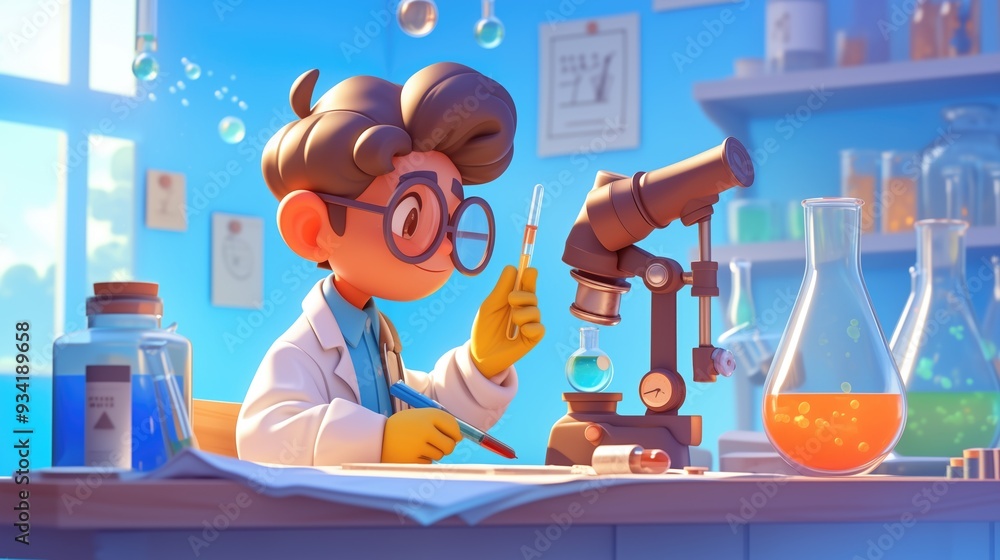 Poster 3d character scientist character examining a test tube in a bright laboratory filled with equipment.