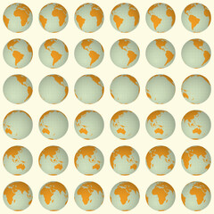 Collection of globes. Normal sphere view. Rotation step 10 degrees. Solid color style. World map with sparse graticule lines on bright background. Artistic vector illustration.