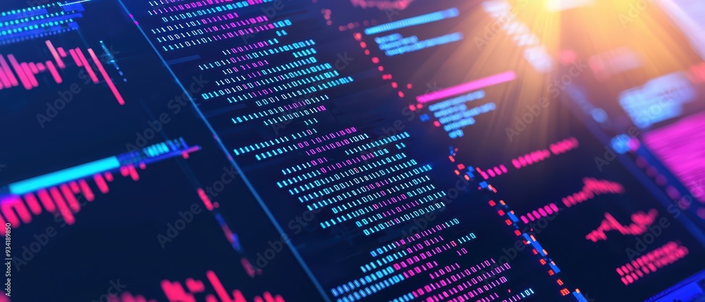 Poster vibrant digital data visualization showcasing coding patterns and analytics on a screen, ideal for t