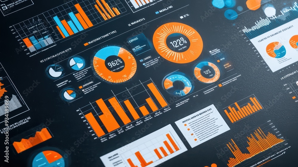 Poster vibrant data visualization charts featuring graphs and metrics for insightful analysis and business 