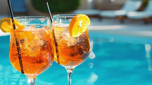 Two aperol spritz cocktails standing near a refreshing swimming pool on a sunny day