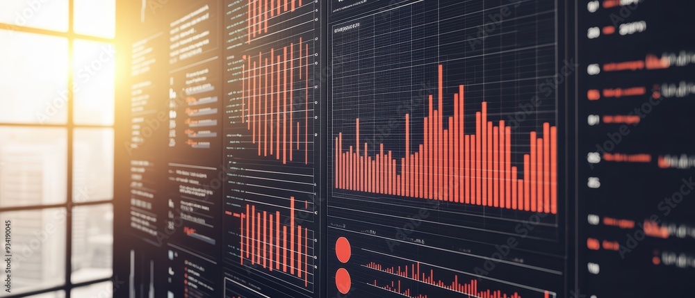 Poster visual representation of market data with graphs and charts highlighting trends and analysis during 