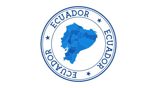 Ecuador intro. Badge with the circular name and map of the country. Ecuador round logo animation.