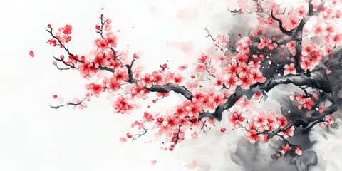 Fototapeta premium Watercolor and ink illustration of a blooming cherry blossom tree featuring pink flowers Traditional eastern painting created in sumi e style using ink and watercolor