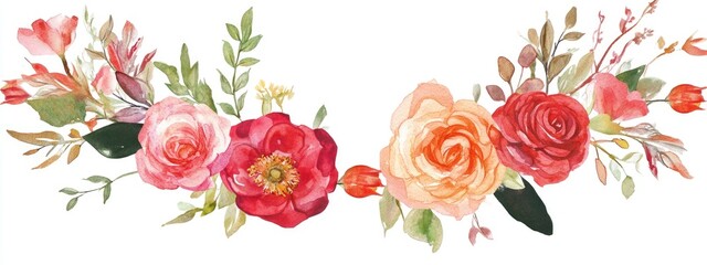 Vibrant and Colorful Watercolor Wreath Featuring Rose Flowers Illustration