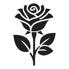 A white background with an isolated black silhouette of a rose flower