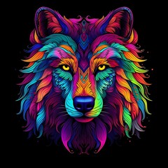 Colorful artistic depiction of a wolf with vibrant patterns against a black background