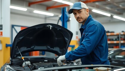 Car mechanic worker wearing a blue uniform and a cap, standing in a modern garage and repairing or fixing automobile vehicle parts