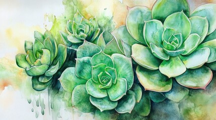 Watercolor artwork featuring vibrant green succulent plants