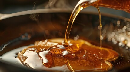 A stream of golden oil pours into a black pan, creating shimmering ripples and reflecting light.