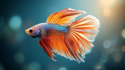 A vibrant orange and blue betta fish with flowing fins, isolated on a blurred teal background.