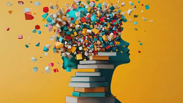 Woman face made of books with exploding ideas on yellow background