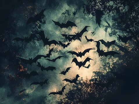 Nightmarish Bat Swarm in Surreal Gothic Halloween Digital Painting with Moody Lighting and