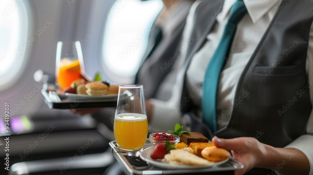 Poster flight attendants serve a variety of meals and beverages to passengers on a domestic flight, ensurin