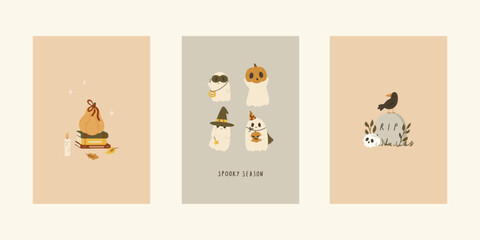 vector halloween card set with pumpkin, ghosts, and raven on tombstone