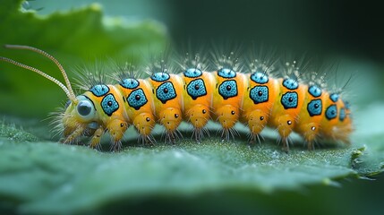 Fototapeta premium A vibrant orange and blue caterpillar with black dots crawls on a green leaf.