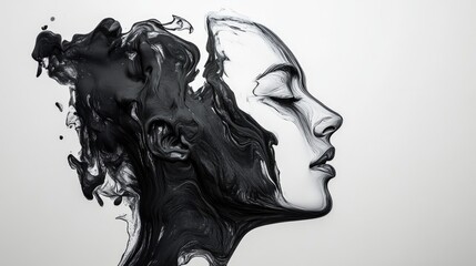 Fototapeta premium Abstract black and white portrait of a woman with flowing, textured elements creating a dynamic visual effect