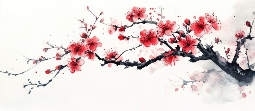 Watercolor and ink illustration of a blossoming cherry tree featuring flowers and buds Traditional oriental painting in sumi e u sin and gohua styles