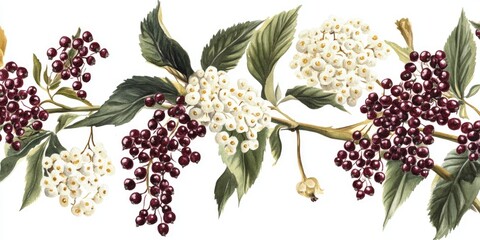 The illustration features elderberry blossoms and fruit rendered in watercolor