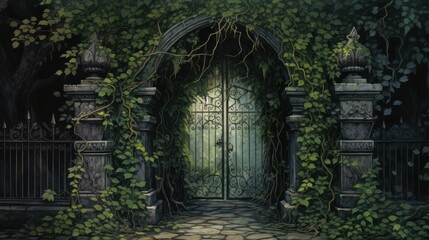 Iron gate, ivy-covered, leading to darkness