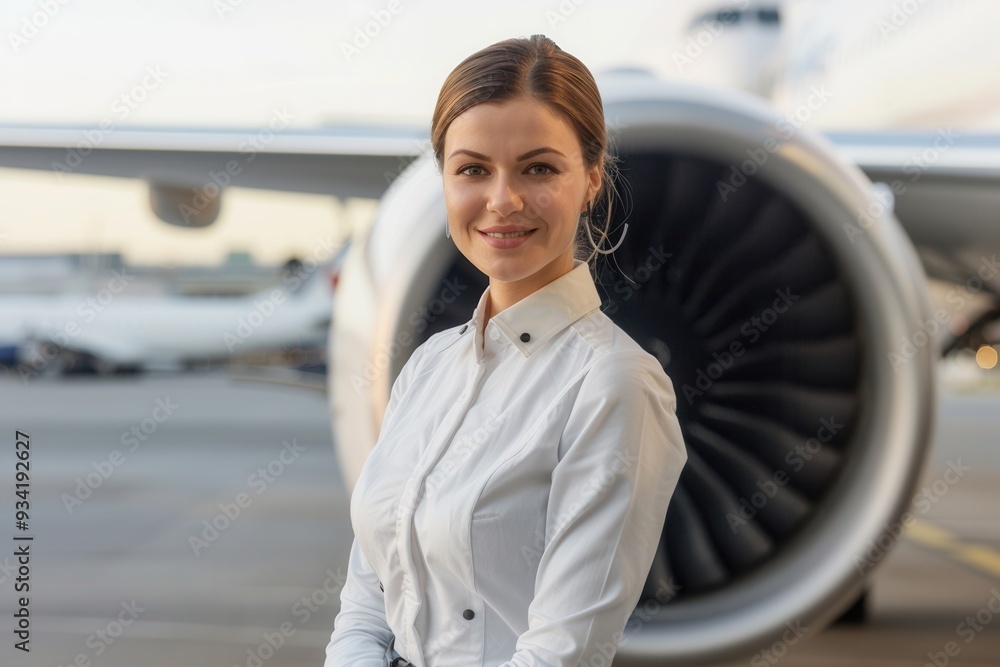 Poster a flight attendant stands confidently in front of a jet engine at sunset, showcasing professionalism