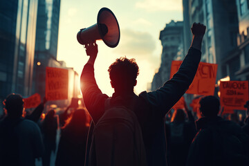 Activists rally in a bustling city street at sunset, demanding change and justice with passionate voices and bold signs