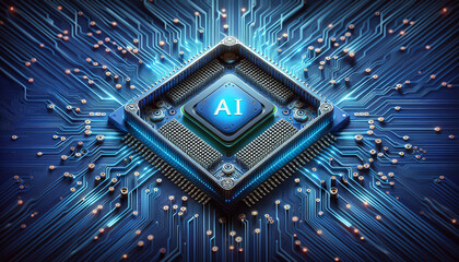 This image shows a futuristic AI processor embedded in a microchip surrounded by intricate blue circuitry. The chip glows a bright, vibrant blue, symbolizing advanced technology and high-speed data pr