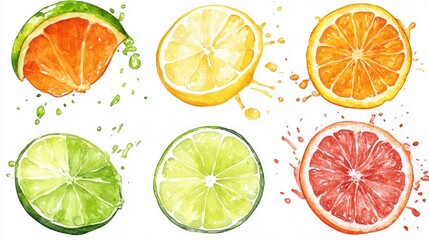Watercolor collection of fruit illustrations featuring lime lemon grapefruit and orange with hand drawn contour lines splashes and drops