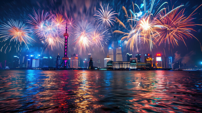 A spectacular evening fireworks display over the river during China’s Golden Week. - Powered by Adobe